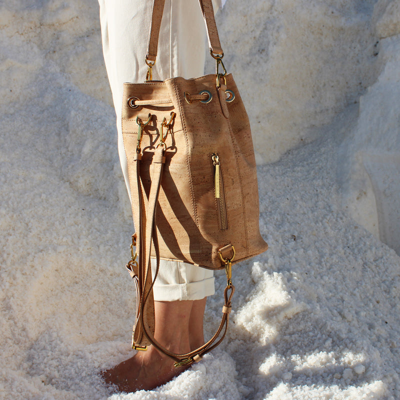 Gamma Handcrafted Cork Vegan Bucket Backpack | Beige