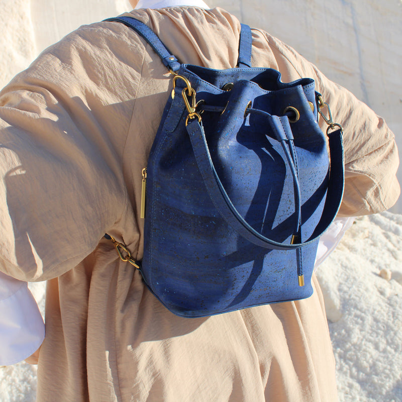 Gamma Handcrafted Cork Vegan Bucket Backpack | Navy
